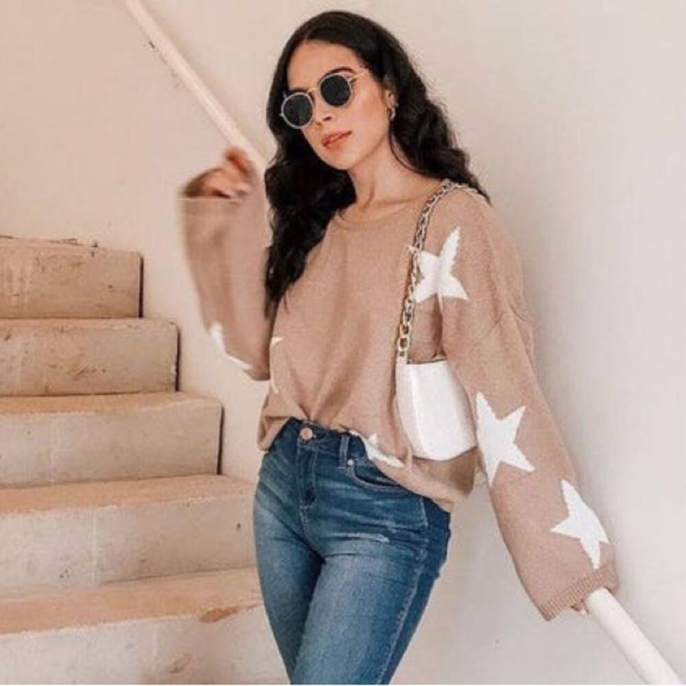 SHEIN Star Print Knit Sweater Oversized Dolman Sleeve In Tan Women’s Size 4
